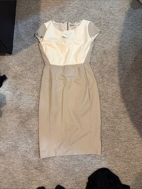 MaxMara Two-Tone Cap Sleeve Midi Dress in Cream and Tan